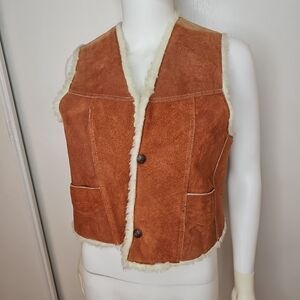 Vtg 70s 80s Western SUEDE LEATHER FLEECE LINED VEST Brown